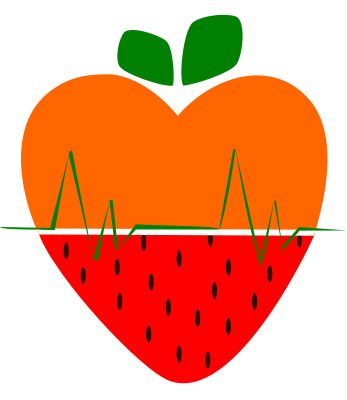 Logo de Harmonie Diet' : Un cœur (santé) en deux parties : le bas est de couleur rouge avec des points noirs et évoque une fraise (nutrition) ; le haut est orange et évoque la couleur d'une carotte (nutrition) ; la partie haute et basse du cœur sont séparées d'une ligne verte qui évoque un rythme cardiaque (santé). Le cœur est surmonté de deux feuilles vertes. Le tout évoque le lien entre santé et diététique.